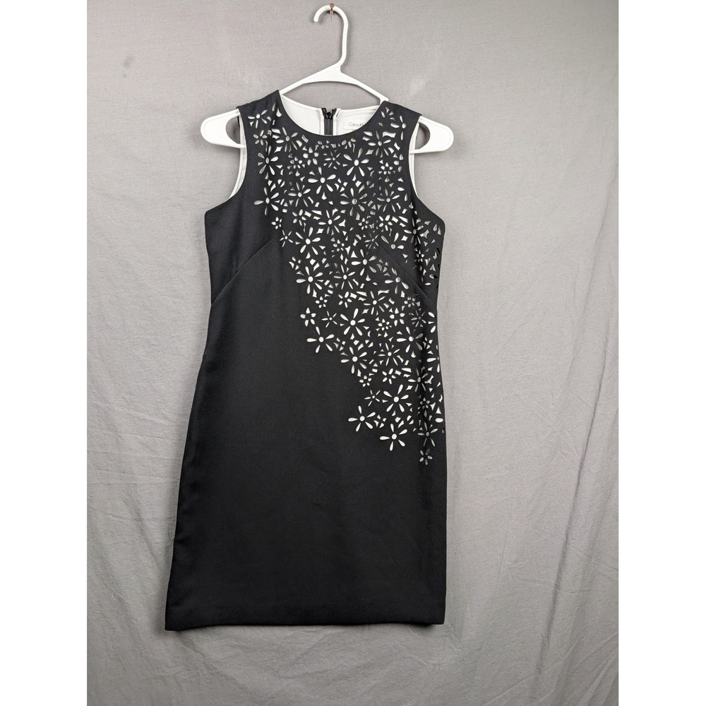 Calvin Klein‎ Black Floral Laser Cut Sleeveless Sheath Dress 2P